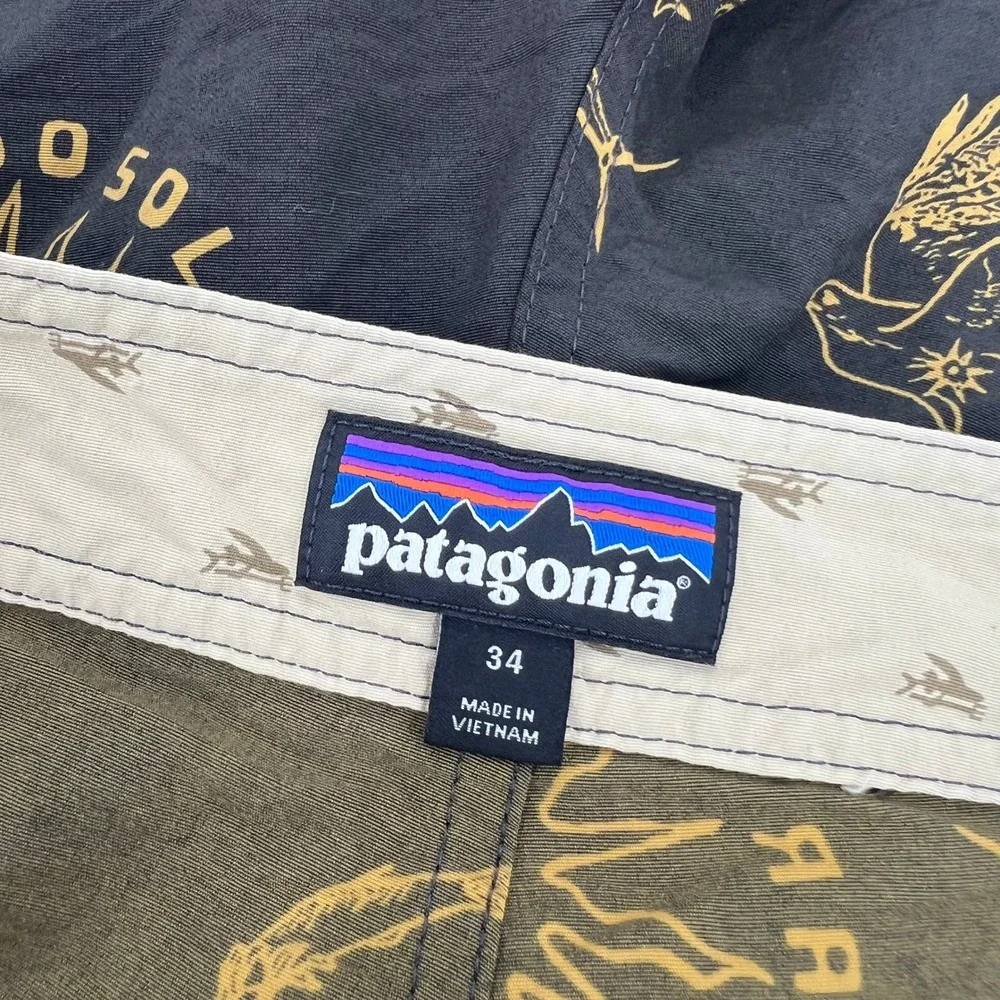 Patagonia Men 34 Stretch Planing Board Shorts Black Yellow No Dams Print